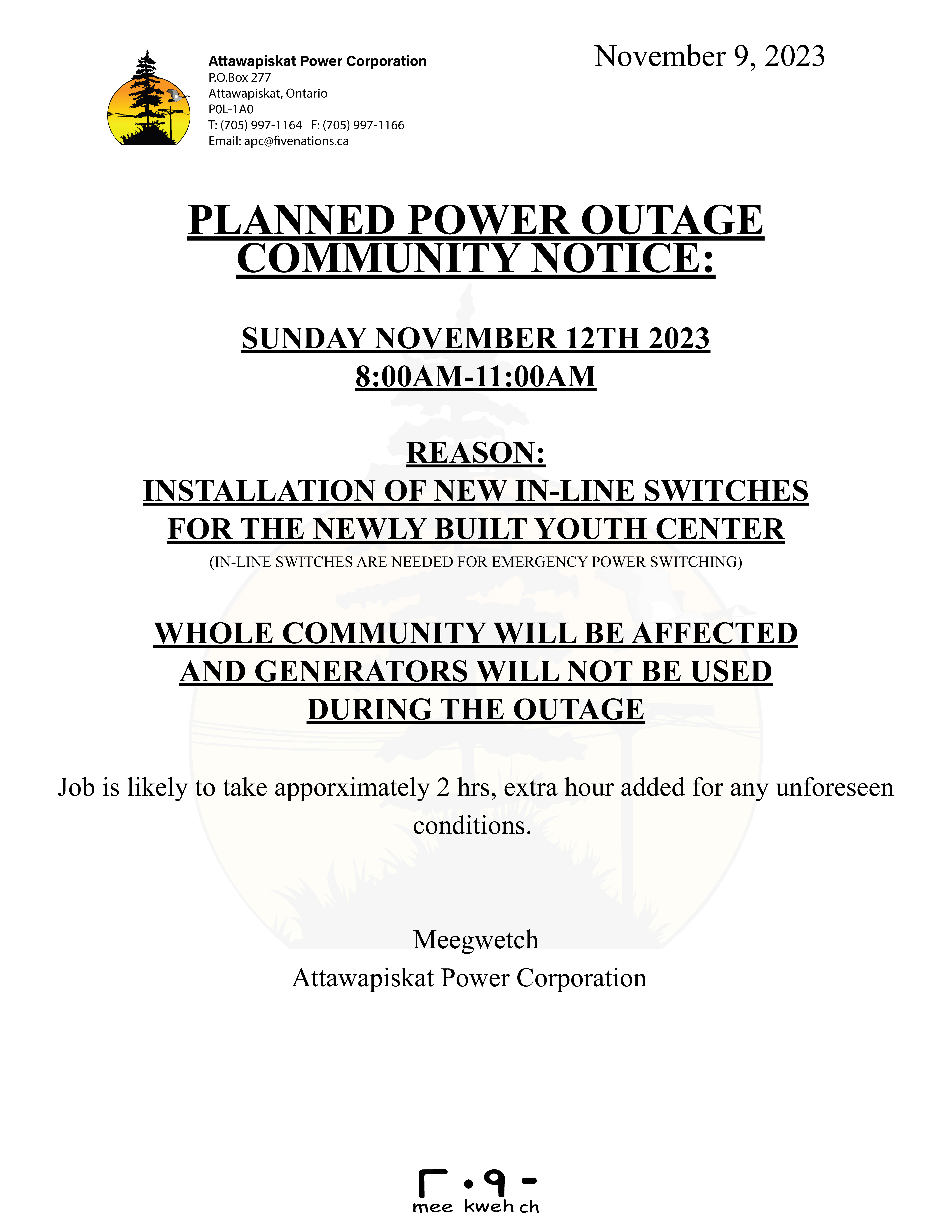 Outage Nov 12 2023 8-11am
